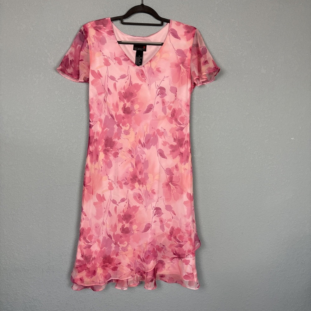 Vintage Y2K Scarlett Sz 12 Midi Length Dress Pink Ruffled Floral Fairy Sheer